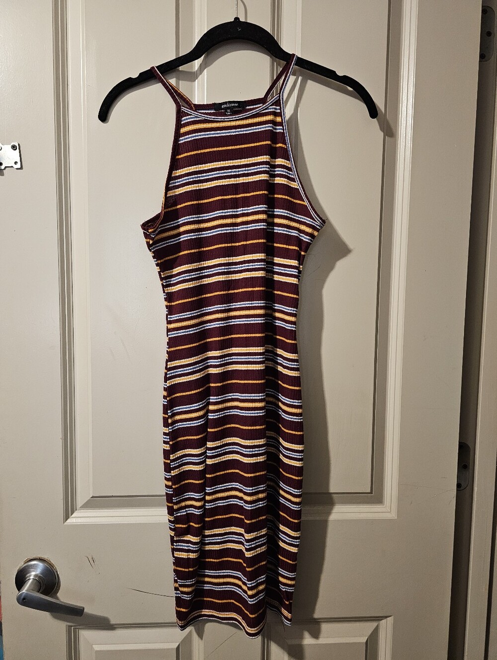 Ambiance Striped Halter Midi Dress in Burgundy, White & Mustard
